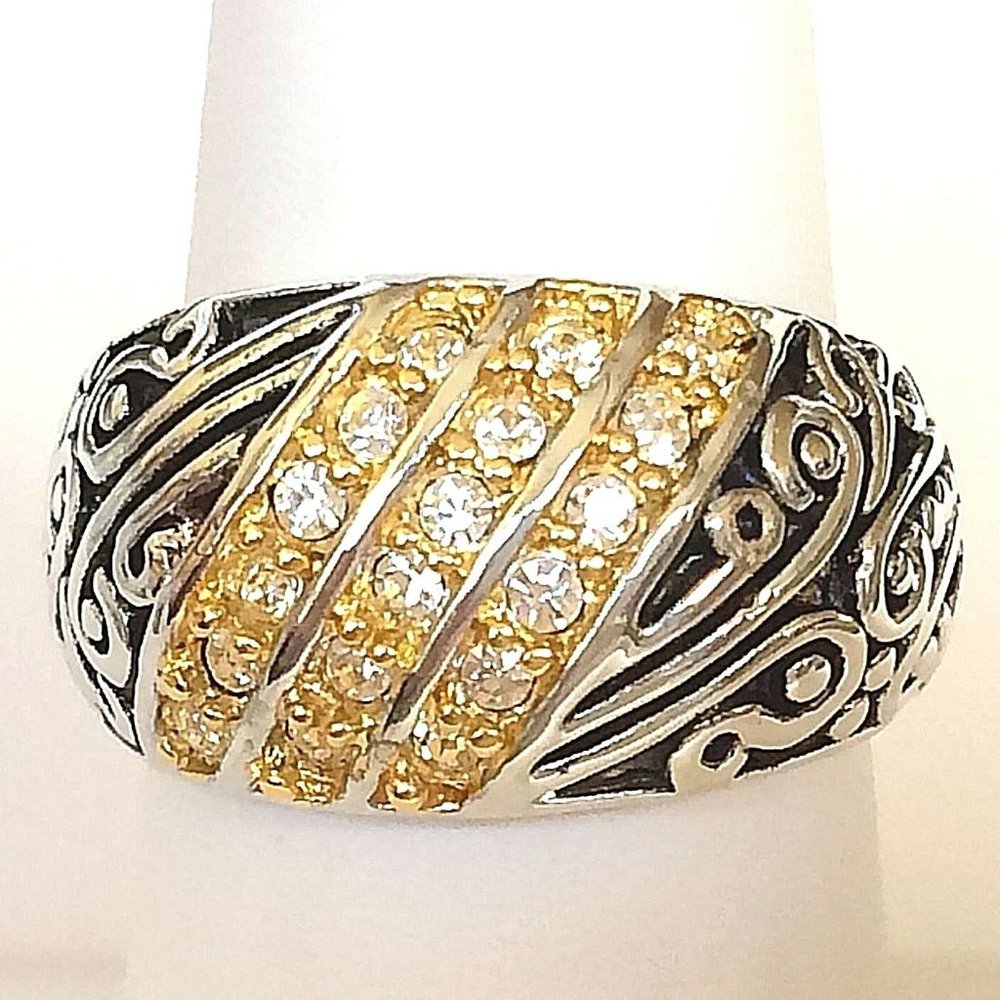 Silver Gold Art Deco Cocktail Ring Size 9 Boho Statement Rhodium Plated